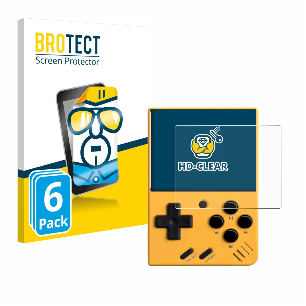 Parte frontal de un envase de producto con el logotipo de la marca BROTECT. Al lado se muestra el dispositivo Miyoo Mini V4 co