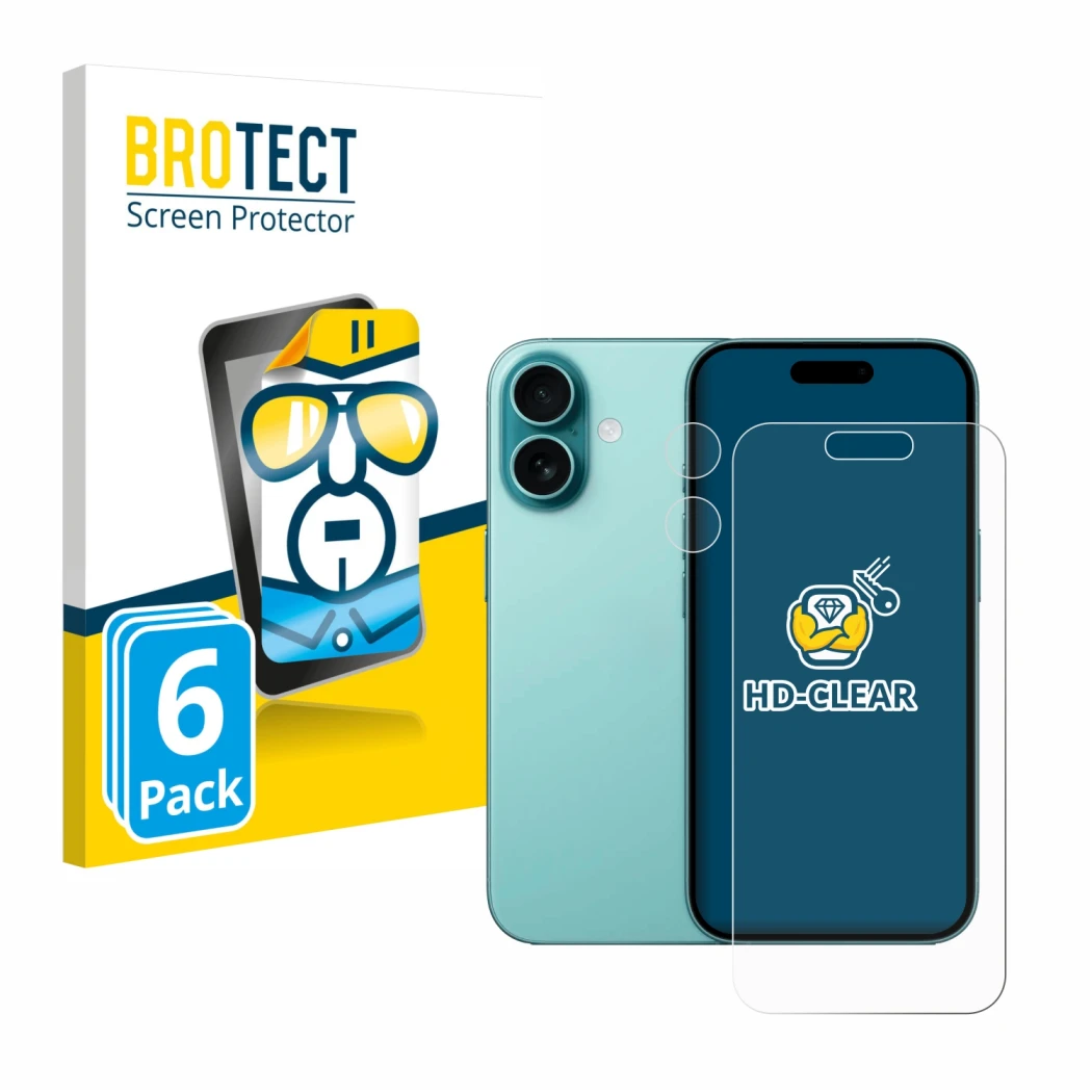 Parte frontal de un envase de producto con el logotipo de la marca BROTECT. Al lado se muestra el dispositivo Apple iPhone 16