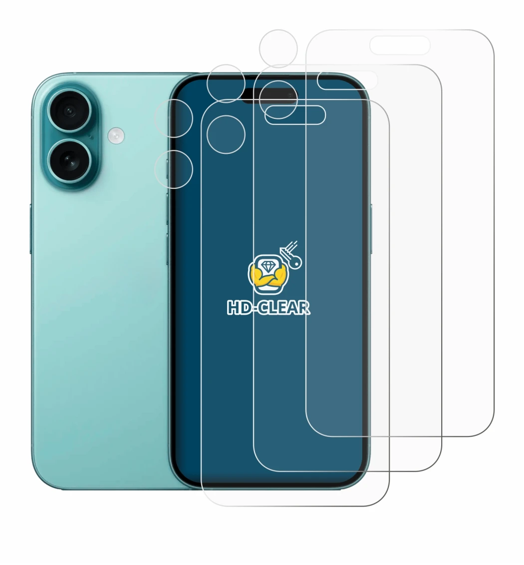 Imagen del dispositivo Apple iPhone 16 (Frontal+Cámara) con una amplia variedad de protectores de pantalla.