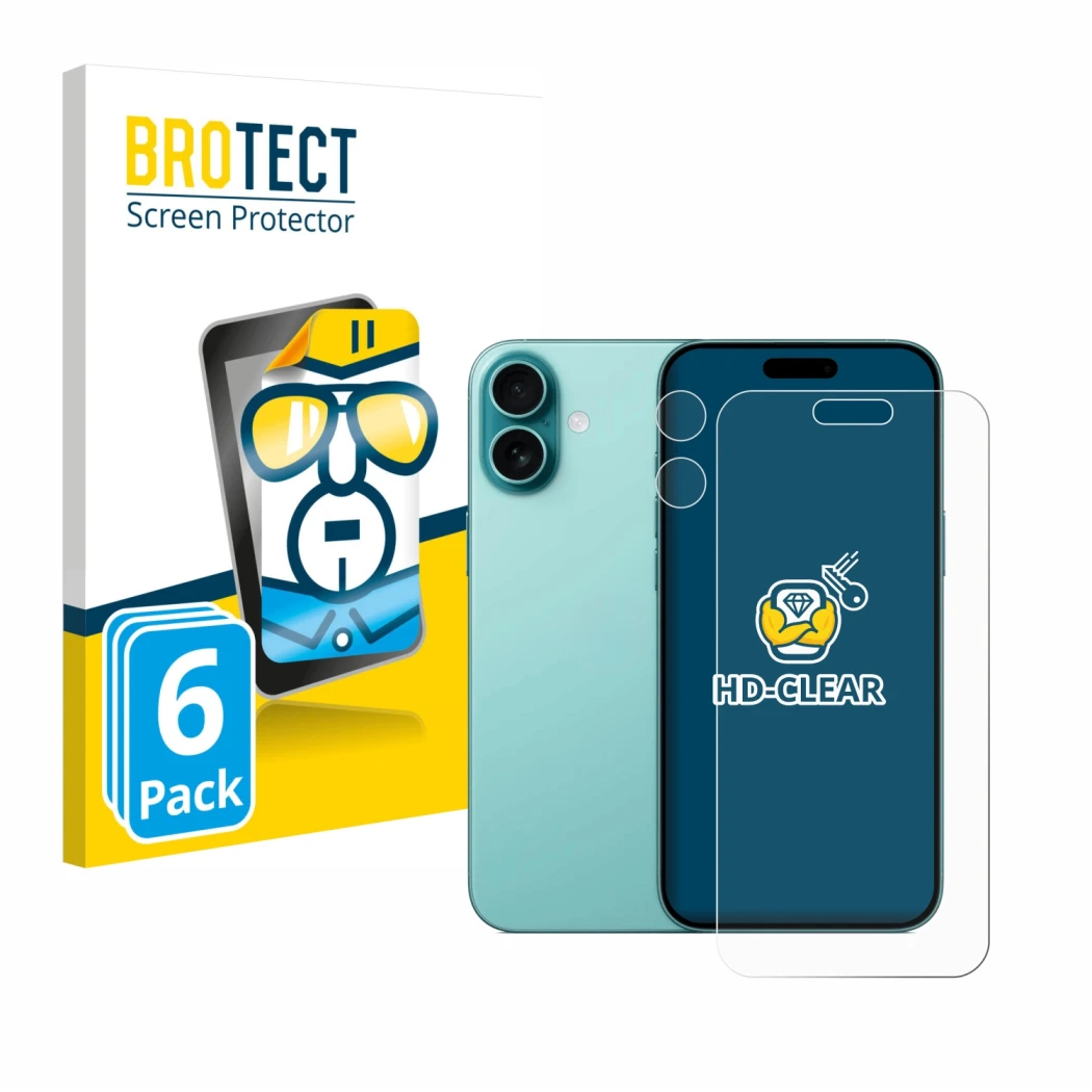 Parte frontal de un envase de producto con el logotipo de la marca BROTECT. Al lado se muestra el dispositivo Apple iPhone 16