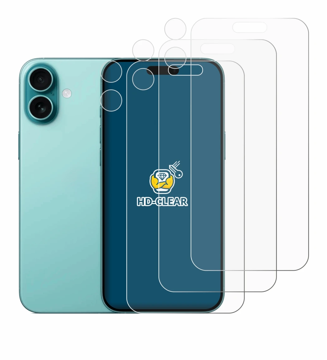 Imagen del dispositivo Apple iPhone 16 Plus (Frontal+Cámara) con una amplia variedad de protectores de pantalla.
