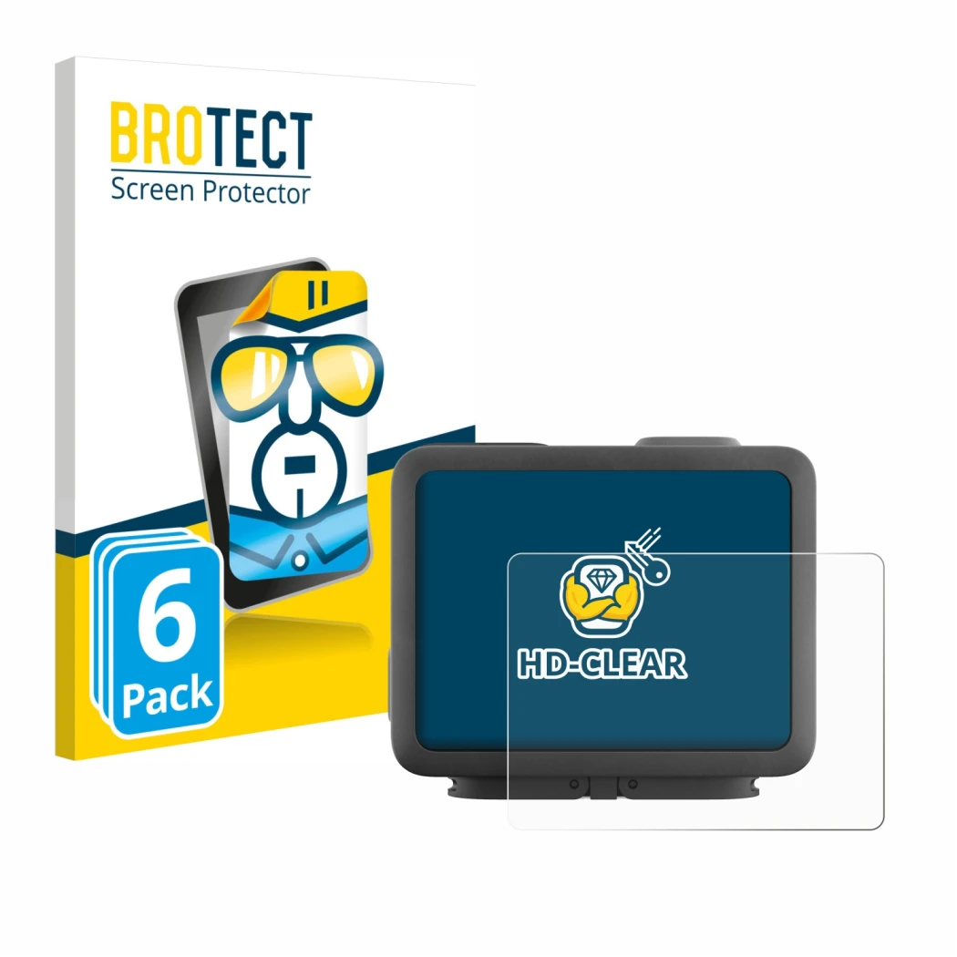 Parte frontal de un envase de producto con el logotipo de la marca BROTECT. Al lado se muestra el dispositivo GoPro Hero 4k co