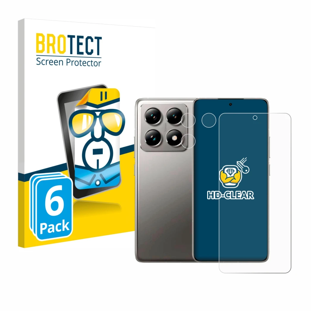 Parte frontal de un envase de producto con el logotipo de la marca BROTECT. Al lado se muestra el dispositivo Xiaomi 14T (Fron