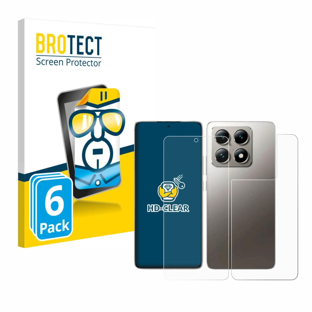 Parte frontal de un envase de producto con el logotipo de la marca BROTECT. Al lado se muestra el dispositivo Xiaomi 14T (Fron