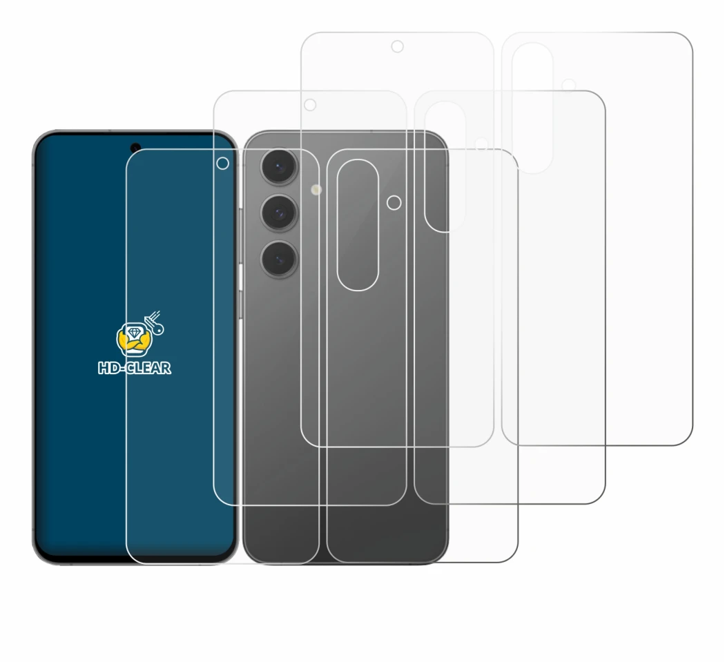 Imagen del dispositivo Samsung Galaxy S24 FE (Frontal+Trasero) con una amplia variedad de protectores de pantalla.