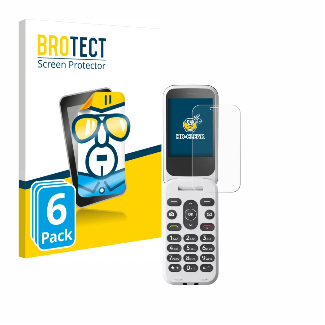Parte frontal de un envase de producto con el logotipo de la marca BROTECT. Al lado se muestra el dispositivo Doro 2820 con su