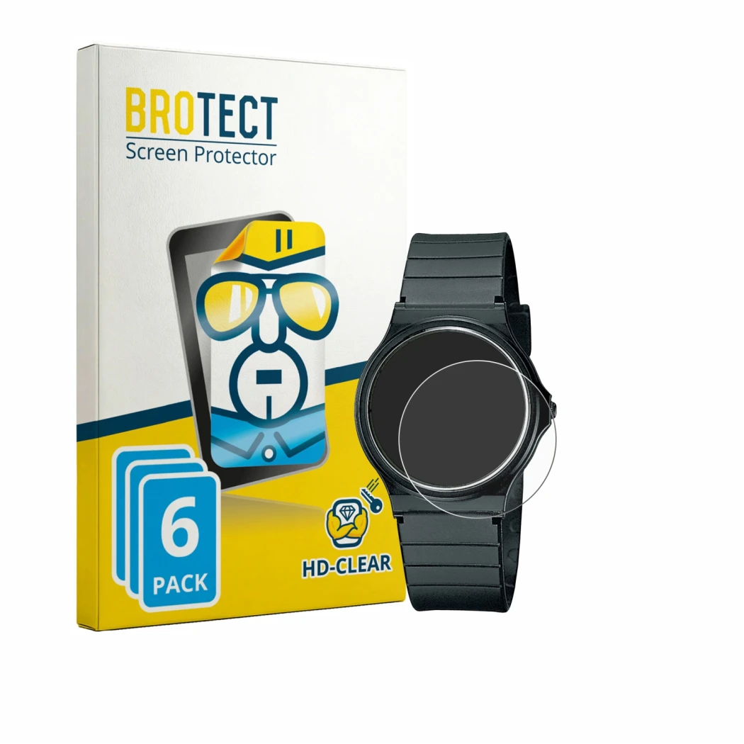 Parte frontal de un envase de producto con el logotipo de la marca BROTECT. Al lado se muestra el dispositivo Casio Collection