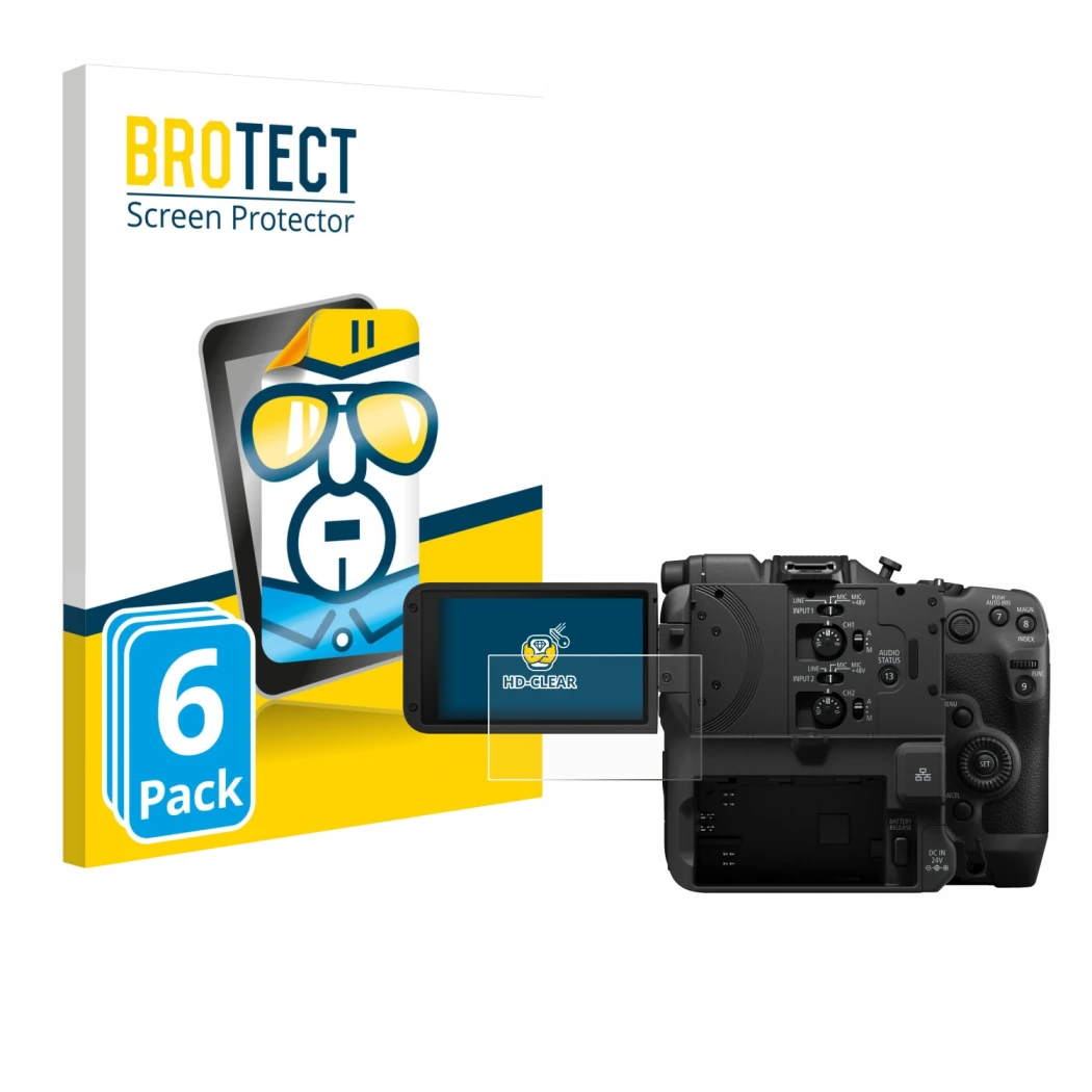 Parte frontal de un envase de producto con el logotipo de la marca BROTECT. Al lado se muestra el dispositivo Canon EOS C400 c