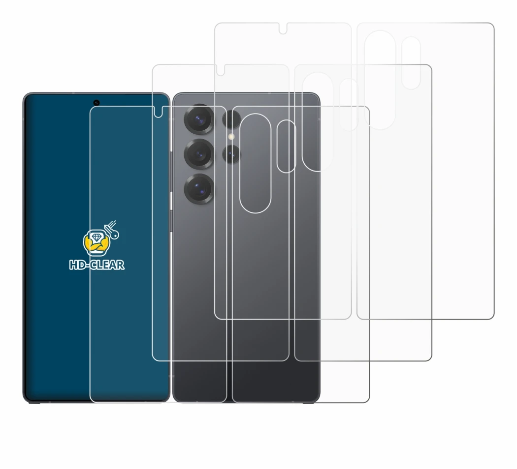 Imagen del dispositivo Samsung Galaxy S25 Ultra (Frontal+Trasero) con una amplia variedad de protectores de pantalla.