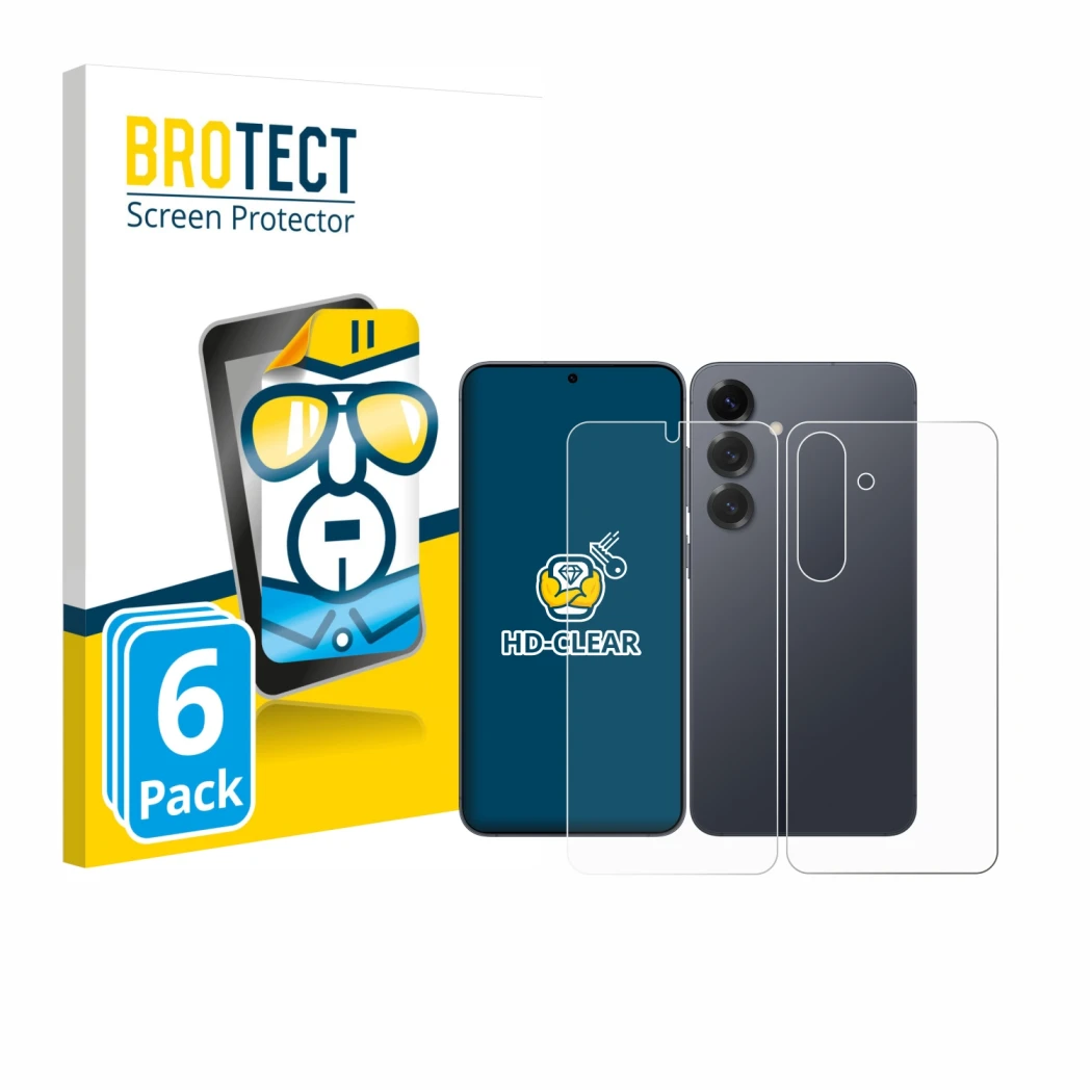 Parte frontal de un envase de producto con el logotipo de la marca BROTECT. Al lado se muestra el dispositivo Samsung Galaxy S
