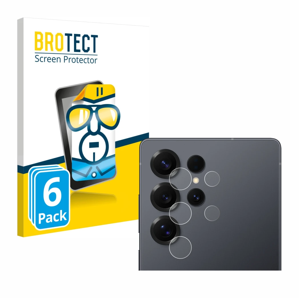 Parte frontal de un envase de producto con el logotipo de la marca BROTECT. Al lado se muestra el dispositivo Samsung Galaxy S