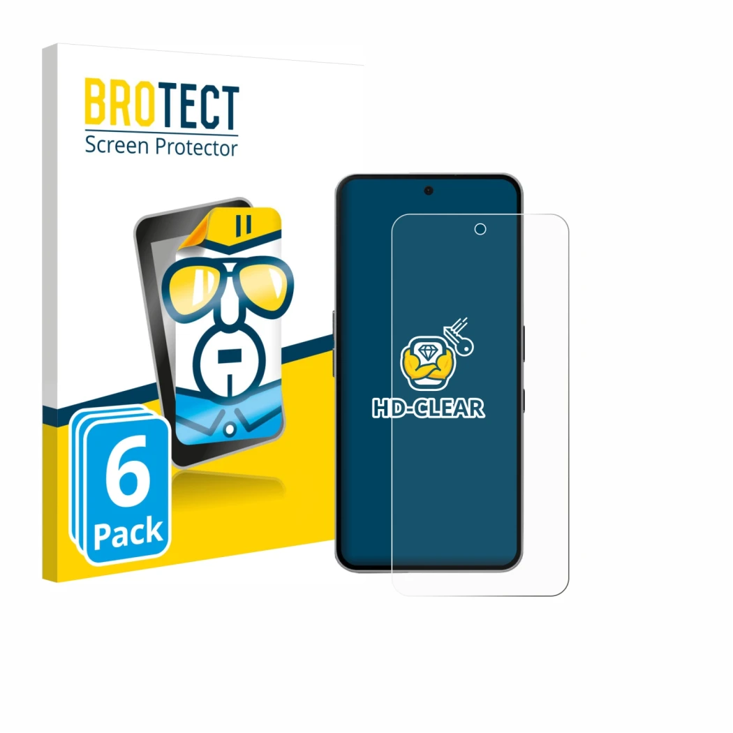 Parte frontal de un envase de producto con el logotipo de la marca BROTECT. Al lado se muestra el dispositivo Nothing Phone (3