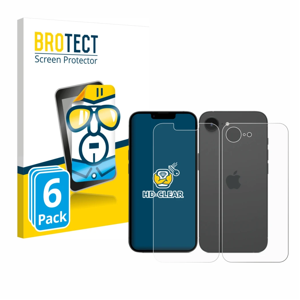 Parte frontal de un envase de producto con el logotipo de la marca BROTECT. Al lado se muestra el dispositivo Apple iPhone 16e