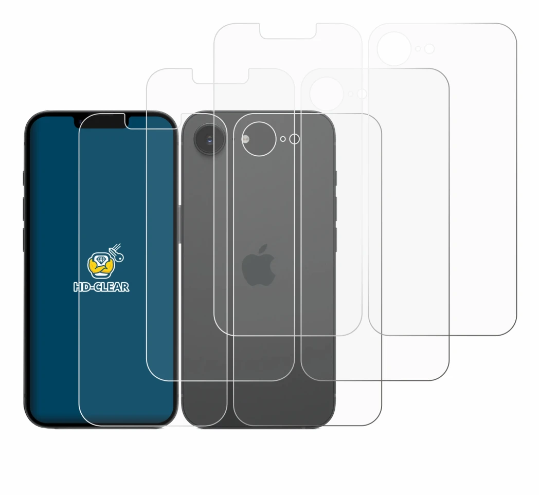 Imagen del dispositivo Apple iPhone 16e (Frontal+Trasero) con una amplia variedad de protectores de pantalla.