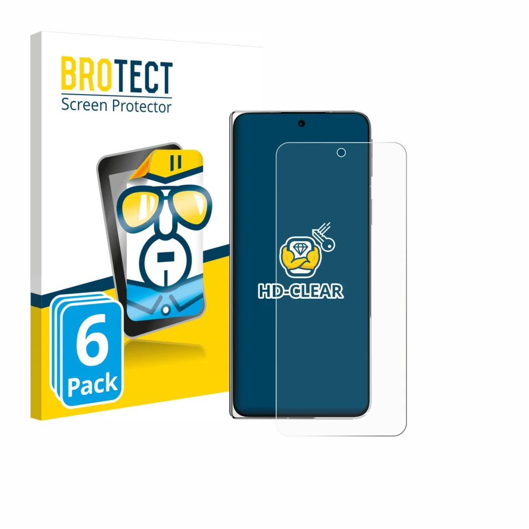 Parte frontal de un envase de producto con el logotipo de la marca BROTECT. Al lado se muestra el dispositivo Oppo Find N5 con