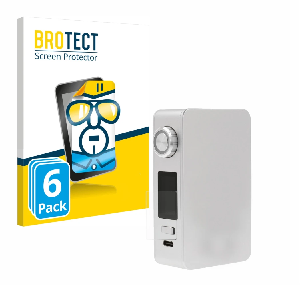 Parte frontal de un envase de producto con el logotipo de la marca BROTECT. Al lado se muestra el dispositivo Lost Vape Centau