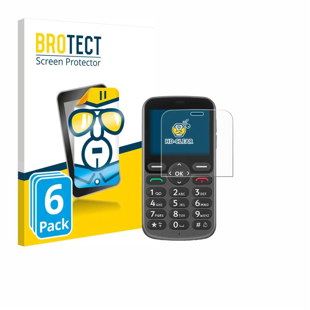 Parte frontal de un envase de producto con el logotipo de la marca BROTECT. Al lado se muestra el dispositivo Doro 1380 con su