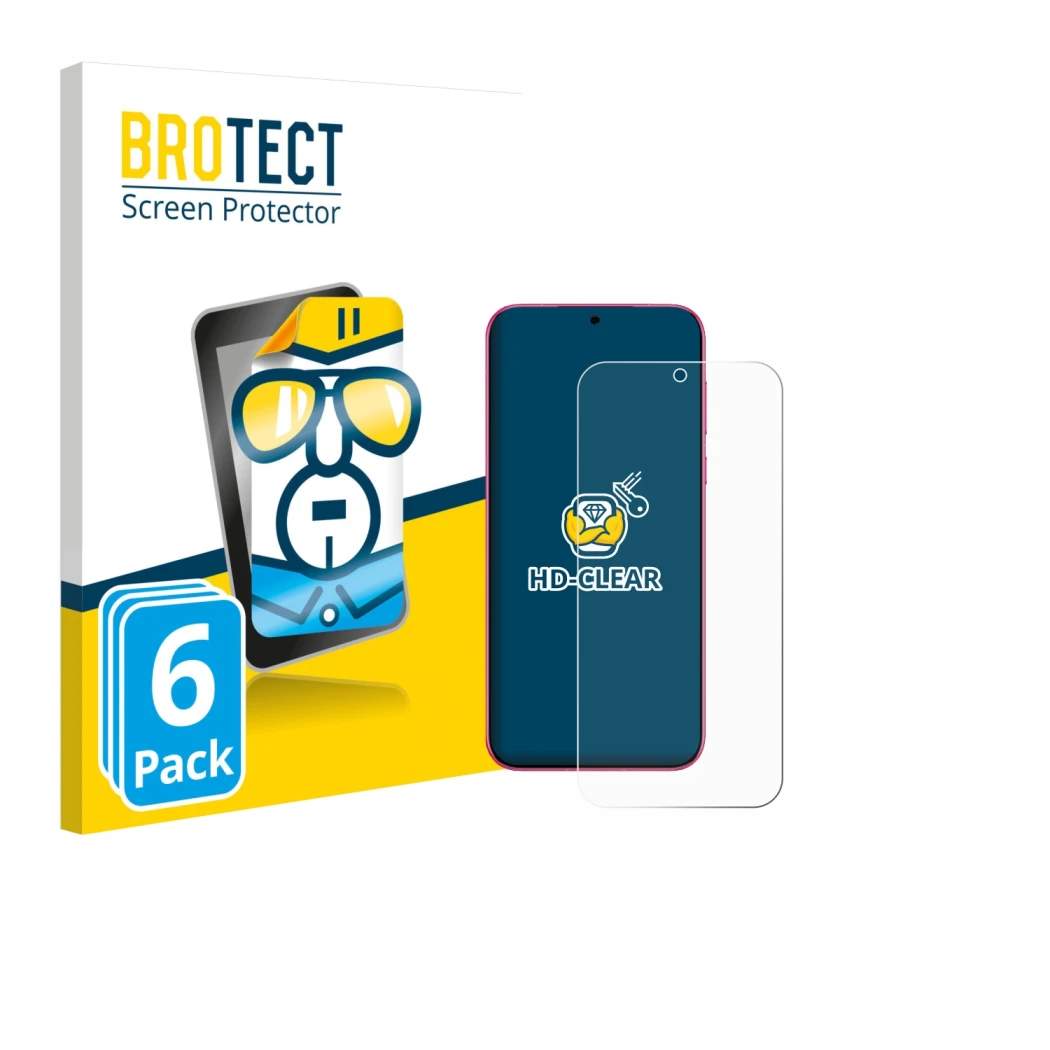 Parte frontal de un envase de producto con el logotipo de la marca BROTECT. Al lado se muestra el dispositivo Huawei Pura 80 c