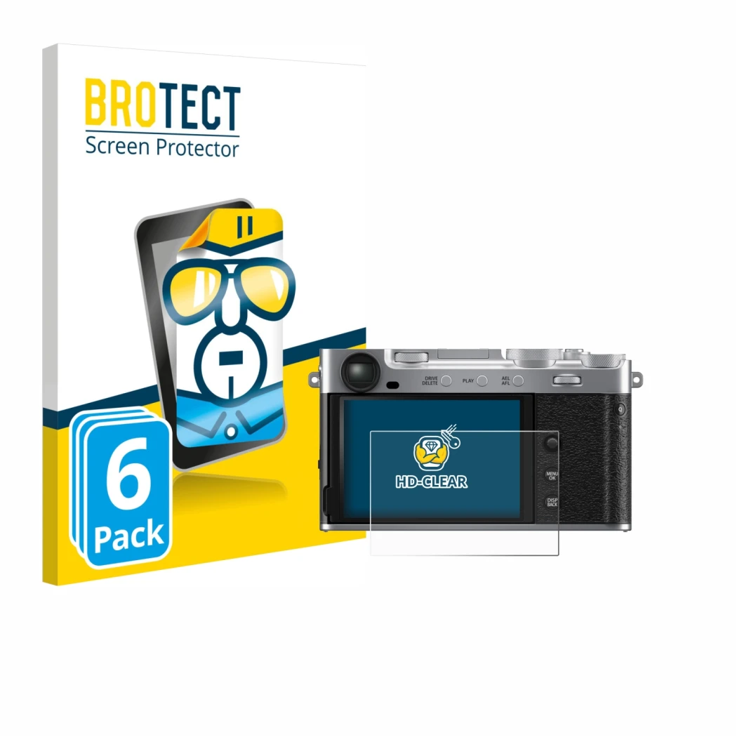 Parte frontal de un envase de producto con el logotipo de la marca BROTECT. Al lado se muestra el dispositivo Fujifilm X-E5 co