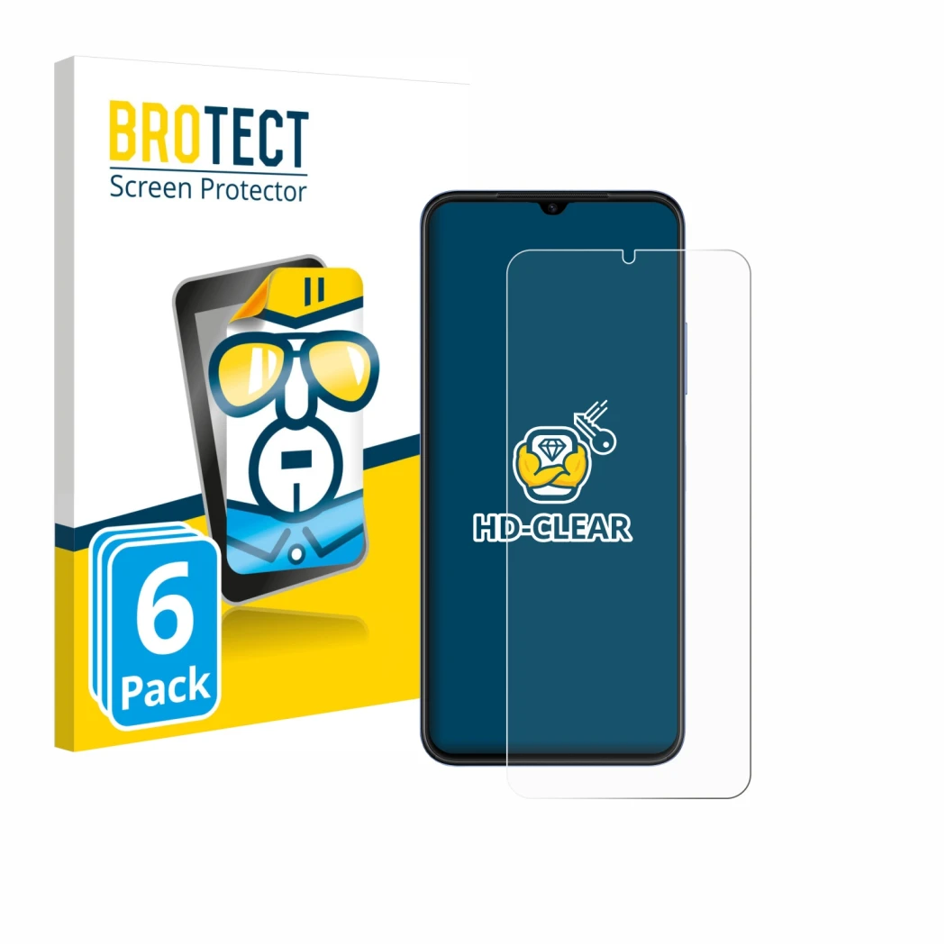 Parte frontal de un envase de producto con el logotipo de la marca BROTECT. Al lado se muestra el dispositivo Huawei Nova Y61