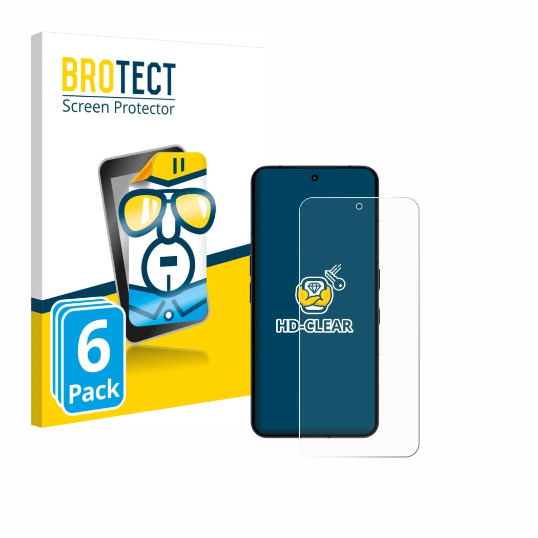 Parte frontal de un envase de producto con el logotipo de la marca BROTECT. Al lado se muestra el dispositivo Nothing Phone (3