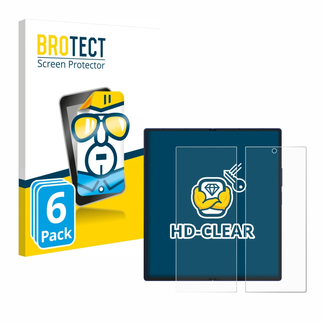 Parte frontal de un envase de producto con el logotipo de la marca BROTECT. Al lado se muestra el dispositivo Samsung Galaxy Z