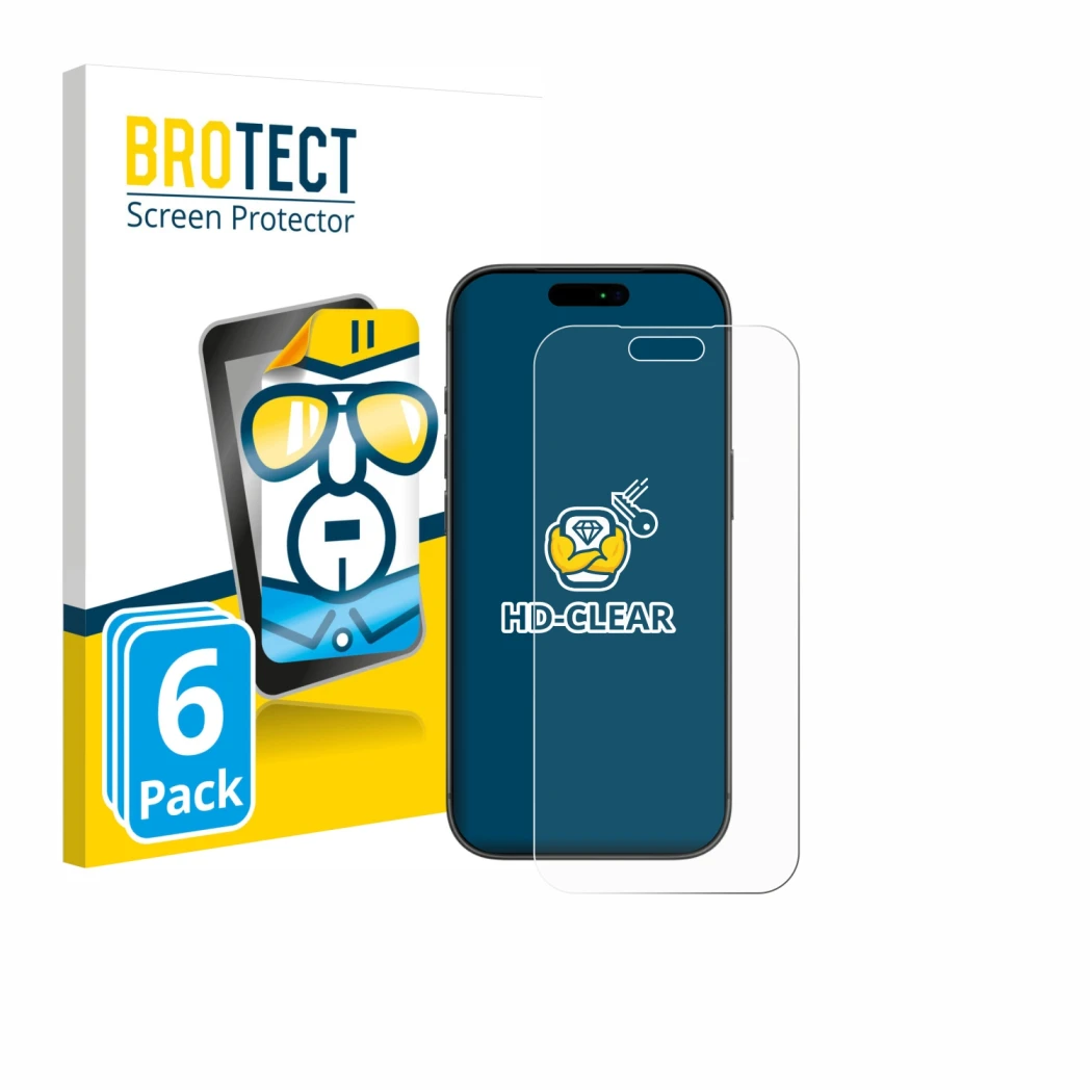 Parte frontal de un envase de producto con el logotipo de la marca BROTECT. Al lado se muestra el dispositivo Apple iPhone 17 