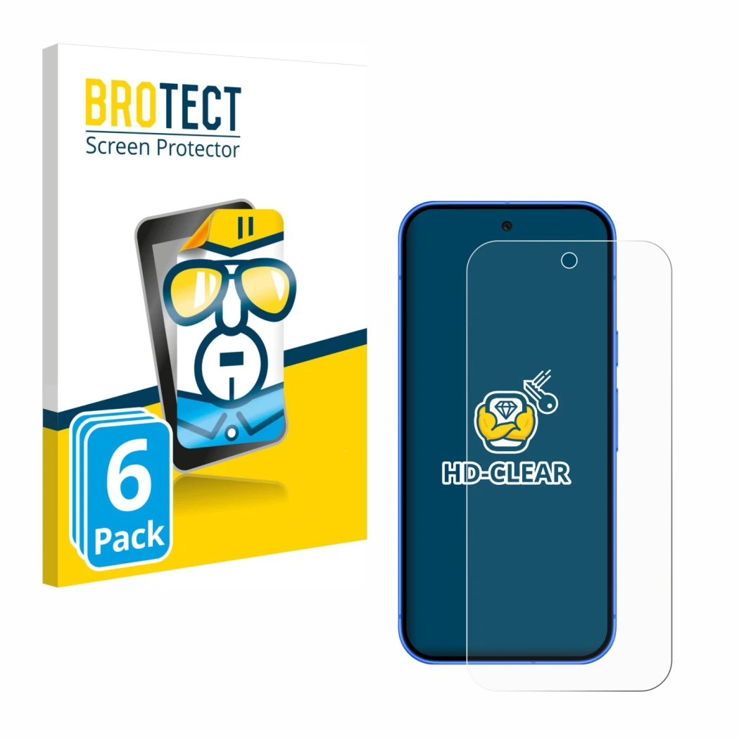 Parte frontal de un envase de producto con el logotipo de la marca BROTECT. Al lado se muestra el dispositivo Google Pixel 10 