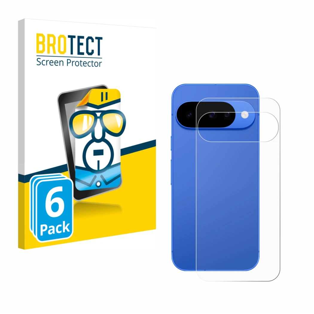 Parte frontal de un envase de producto con el logotipo de la marca BROTECT. Al lado se muestra el dispositivo Google Pixel 10
