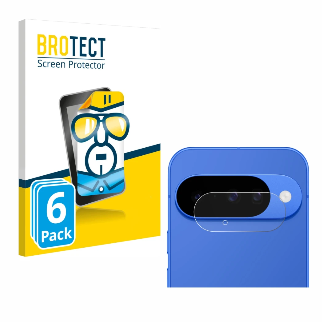 Parte frontal de un envase de producto con el logotipo de la marca BROTECT. Al lado se muestra el dispositivo Google Pixel 10 