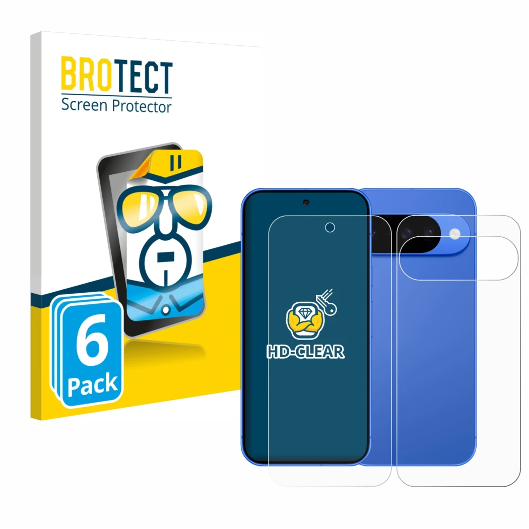 Parte frontal de un envase de producto con el logotipo de la marca BROTECT. Al lado se muestra el dispositivo Google Pixel 10 