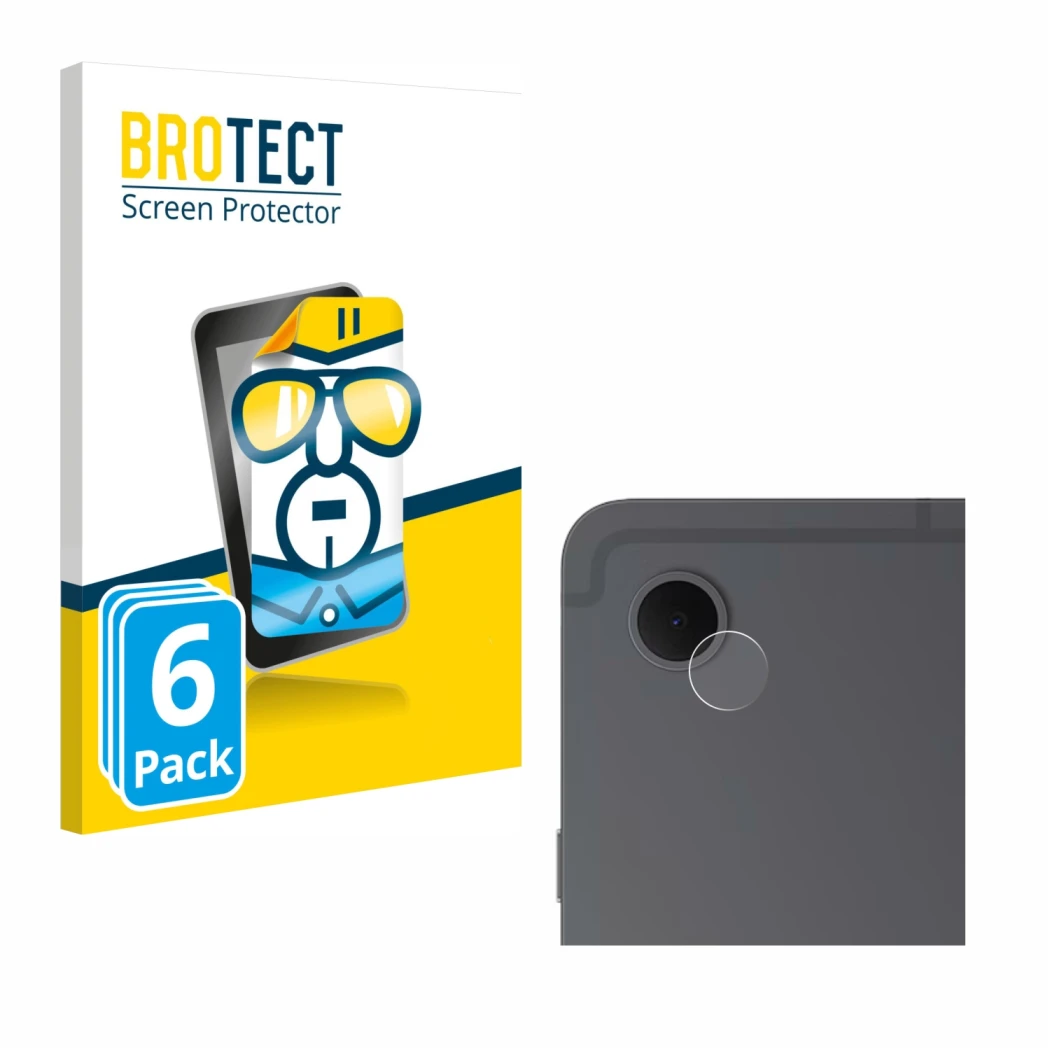 Parte frontal de un envase de producto con el logotipo de la marca BROTECT. Al lado se muestra el dispositivo Samsung Galaxy T