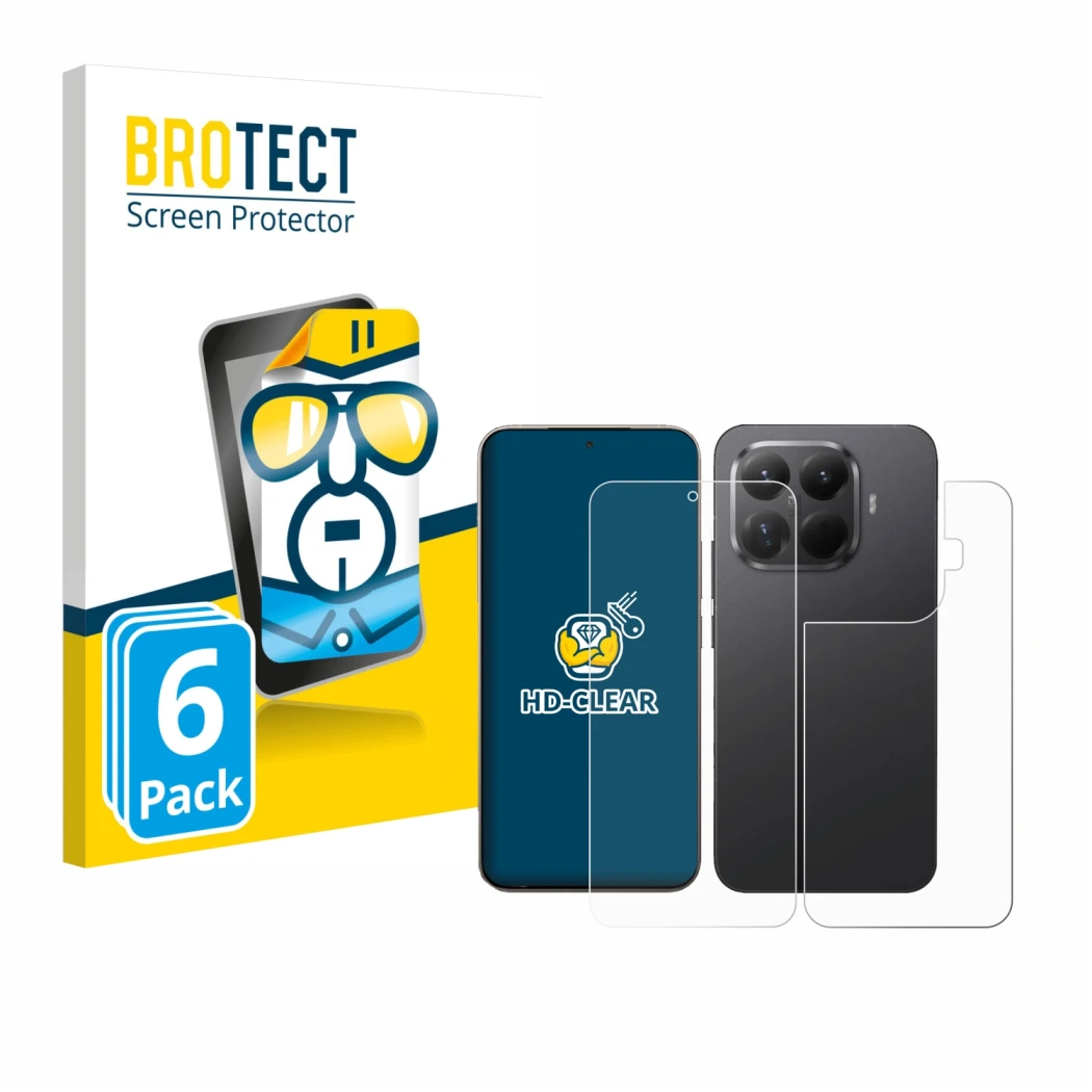 Parte frontal de un envase de producto con el logotipo de la marca BROTECT. Al lado se muestra el dispositivo Xiaomi 15T Pro (