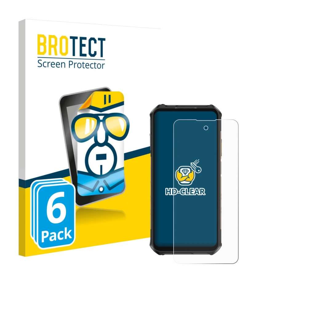 Parte frontal de un envase de producto con el logotipo de la marca BROTECT. Al lado se muestra el dispositivo Ulefone Armor X1