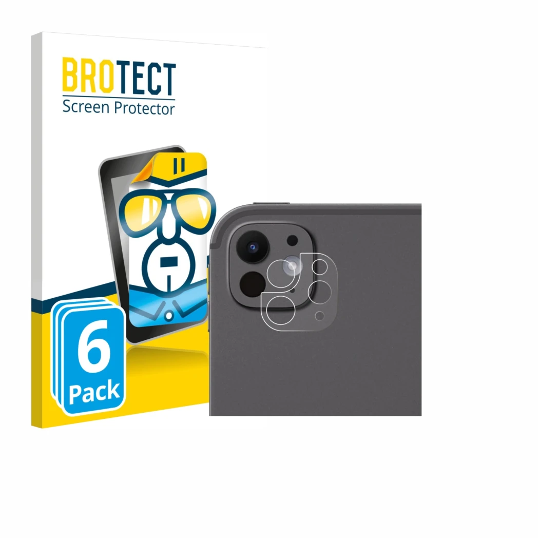 Parte frontal de un envase de producto con el logotipo de la marca BROTECT. Al lado se muestra el dispositivo Apple iPad Pro 1