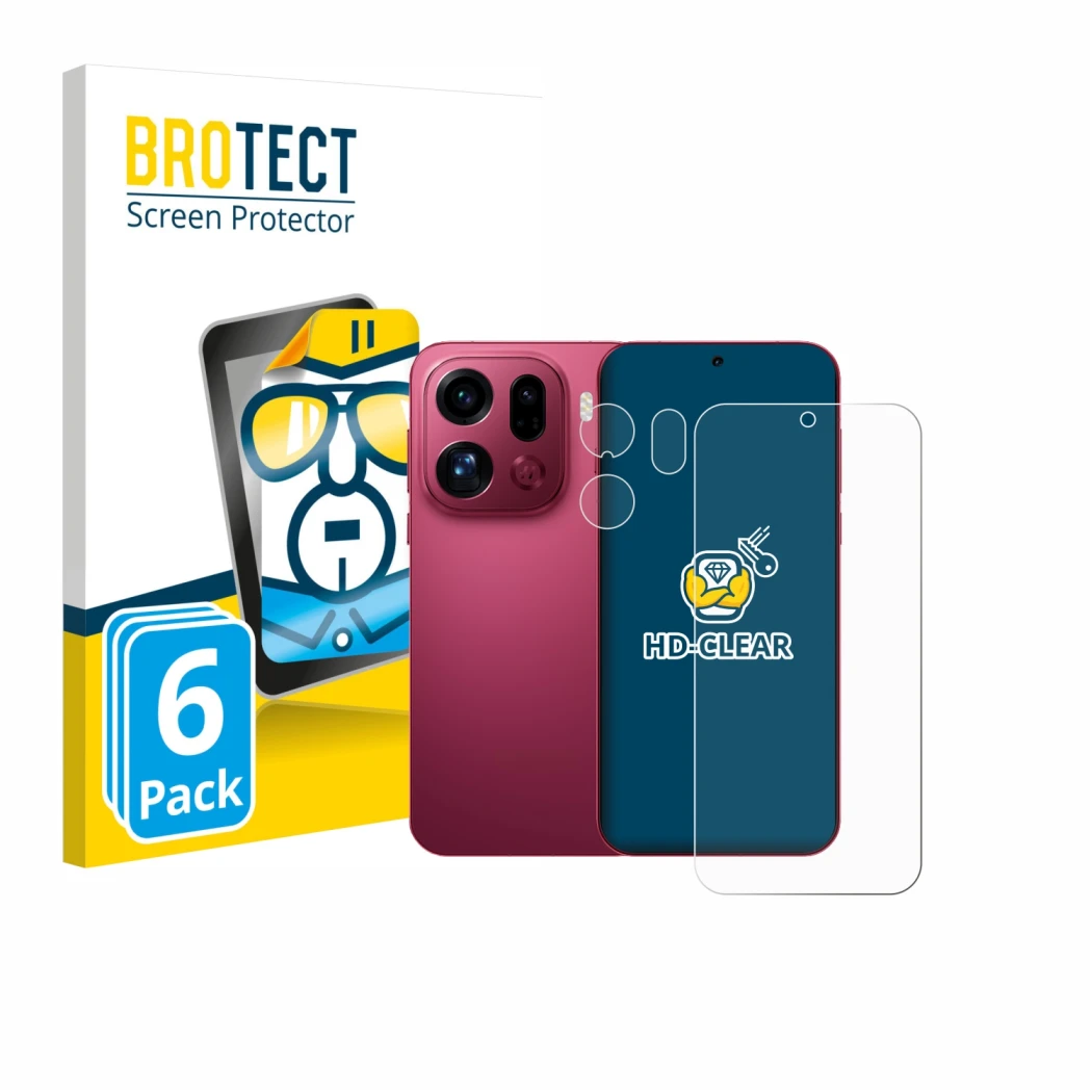 Parte frontal de un envase de producto con el logotipo de la marca BROTECT. Al lado se muestra el dispositivo Oppo Find X9 Pro