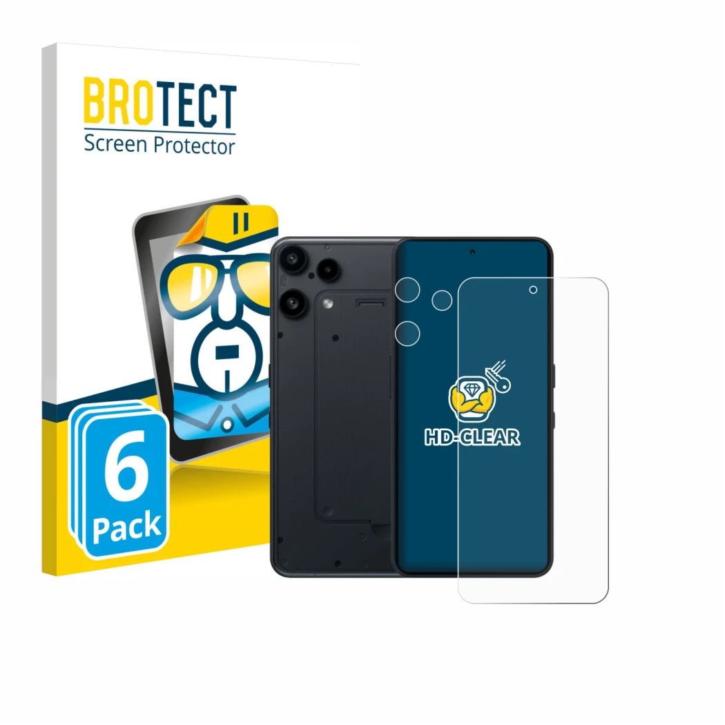Parte frontal de un envase de producto con el logotipo de la marca BROTECT. Al lado se muestra el dispositivo Nothing Phone (3