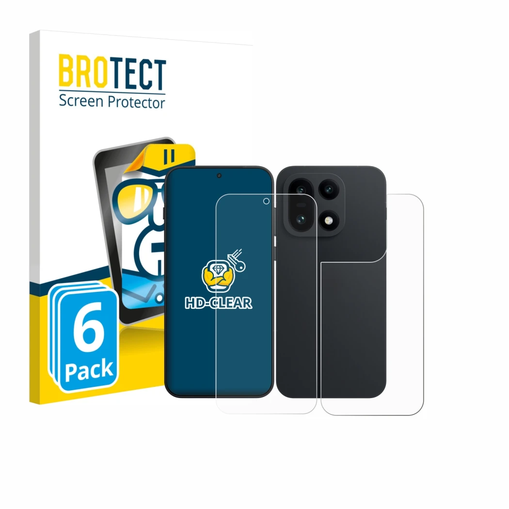 Parte frontal de un envase de producto con el logotipo de la marca BROTECT. Al lado se muestra el dispositivo OnePlus 15 (Fron