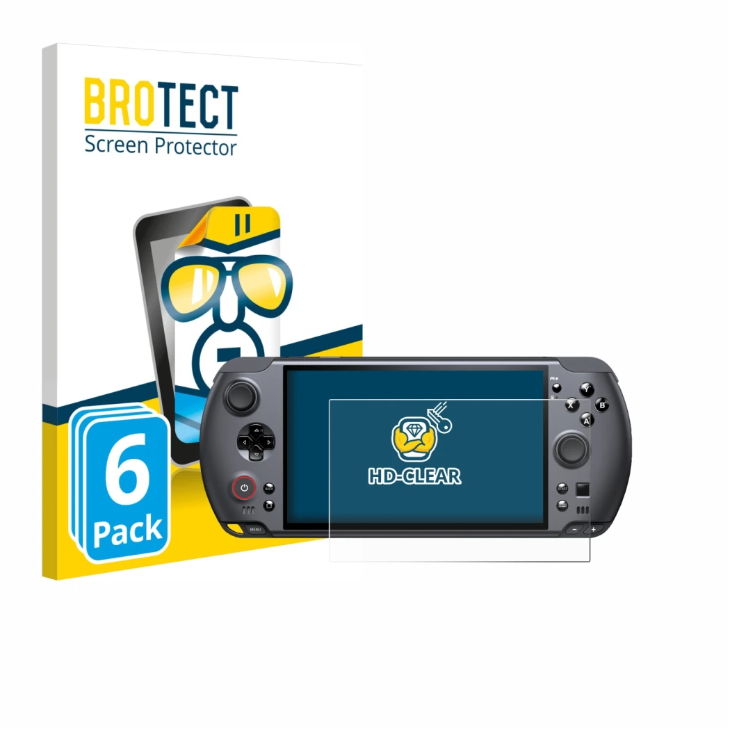 Parte frontal de un envase de producto con el logotipo de la marca BROTECT. Al lado se muestra el dispositivo GPD Win 5 con su