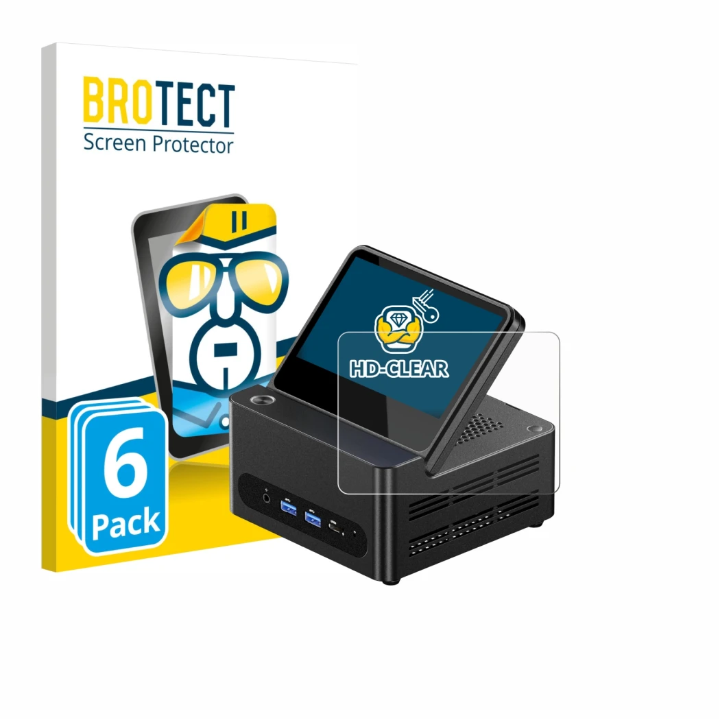 Parte frontal de un envase de producto con el logotipo de la marca BROTECT. Al lado se muestra el dispositivo AOOSTAR ‎G-FLIP 