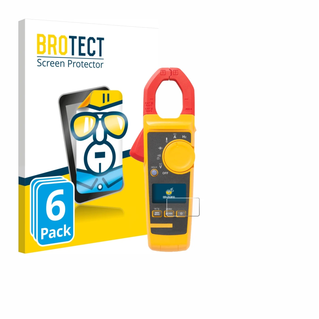 Parte frontal de un envase de producto con el logotipo de la marca BROTECT. Al lado se muestra el dispositivo Fluke 325 con su