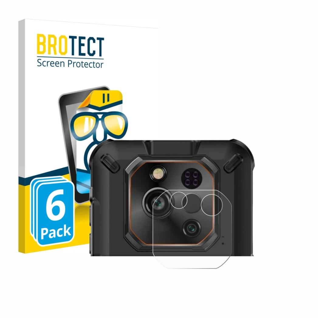 Parte frontal de un envase de producto con el logotipo de la marca BROTECT. Al lado se muestra el dispositivo Ulefone RugOne X