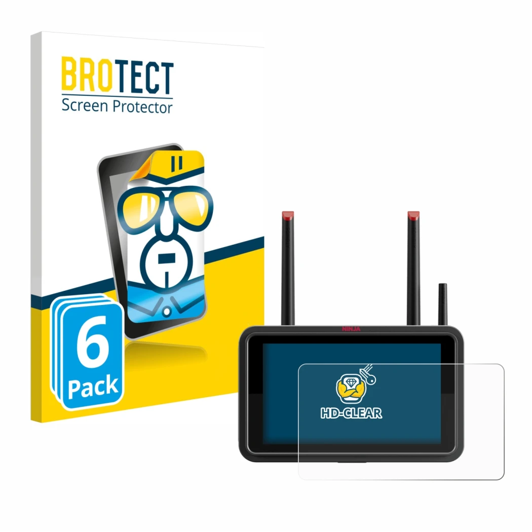 Parte frontal de un envase de producto con el logotipo de la marca BROTECT. Al lado se muestra el dispositivo Atomos Ninja TX