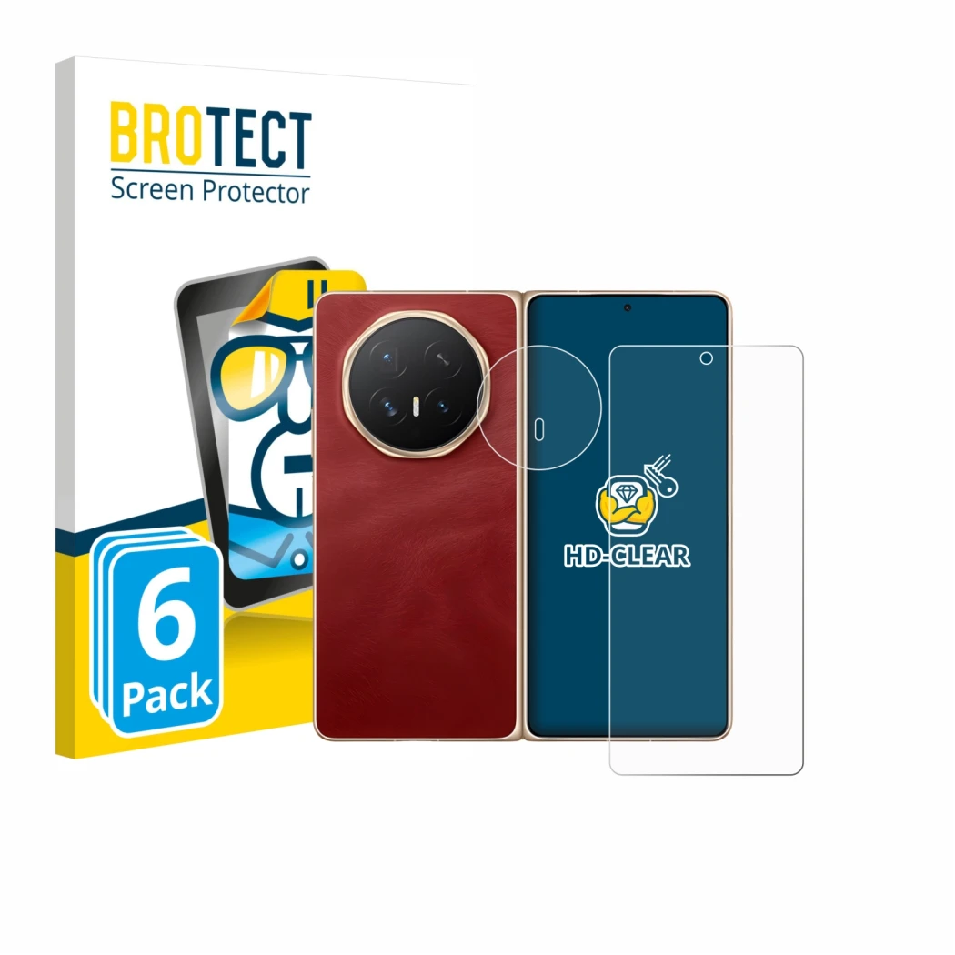 Parte frontal de un envase de producto con el logotipo de la marca BROTECT. Al lado se muestra el dispositivo Honor Magic V6 (