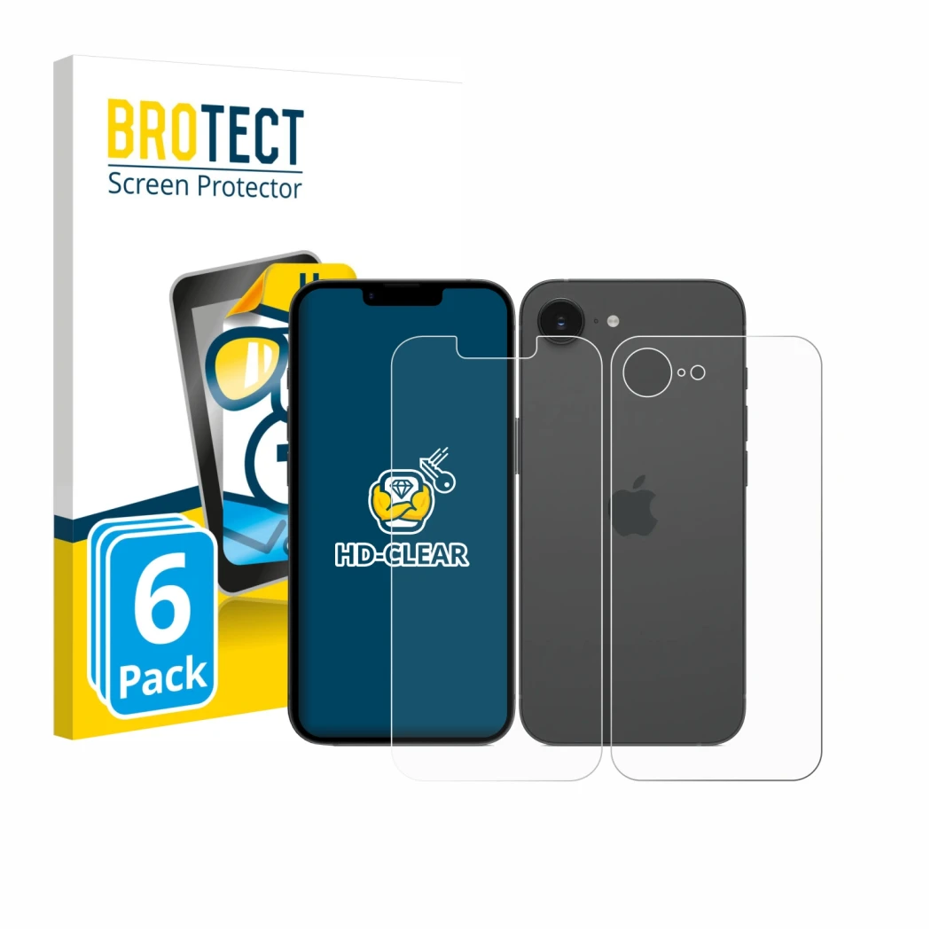 Parte frontal de un envase de producto con el logotipo de la marca BROTECT. Al lado se muestra el dispositivo Apple iPhone 17e