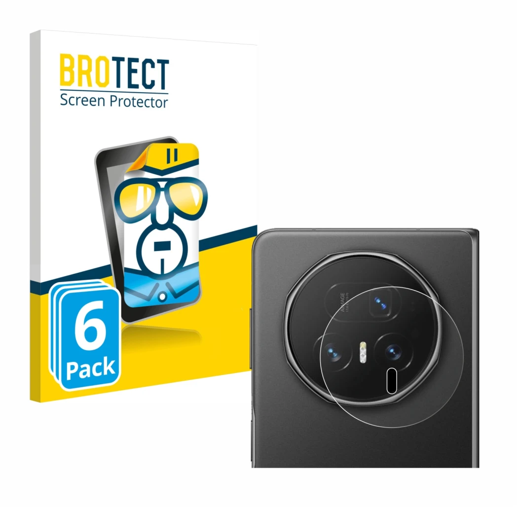 Parte frontal de un envase de producto con el logotipo de la marca BROTECT. Al lado se muestra el dispositivo Honor Magic V5 (