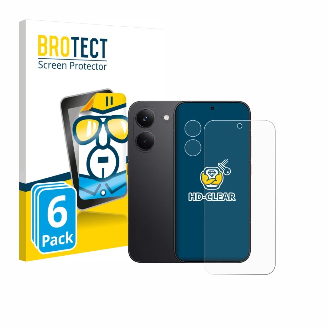 Parte frontal de un envase de producto con el logotipo de la marca BROTECT. Al lado se muestra el dispositivo Xiaomi Poco X8 P