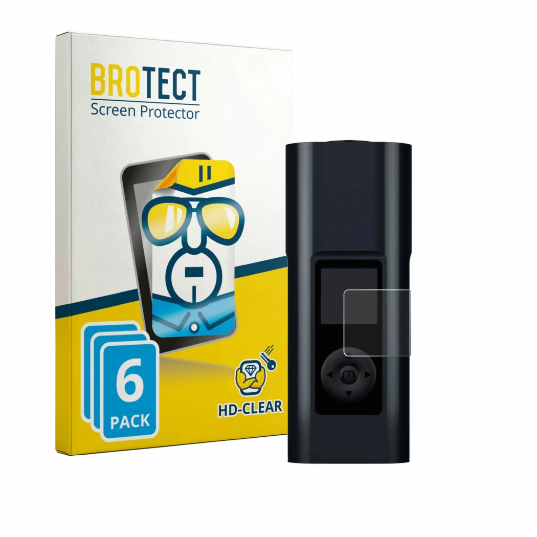 Parte frontal de un envase de producto con el logotipo de la marca BROTECT. Al lado se muestra el dispositivo Arizer Solo 3 V2