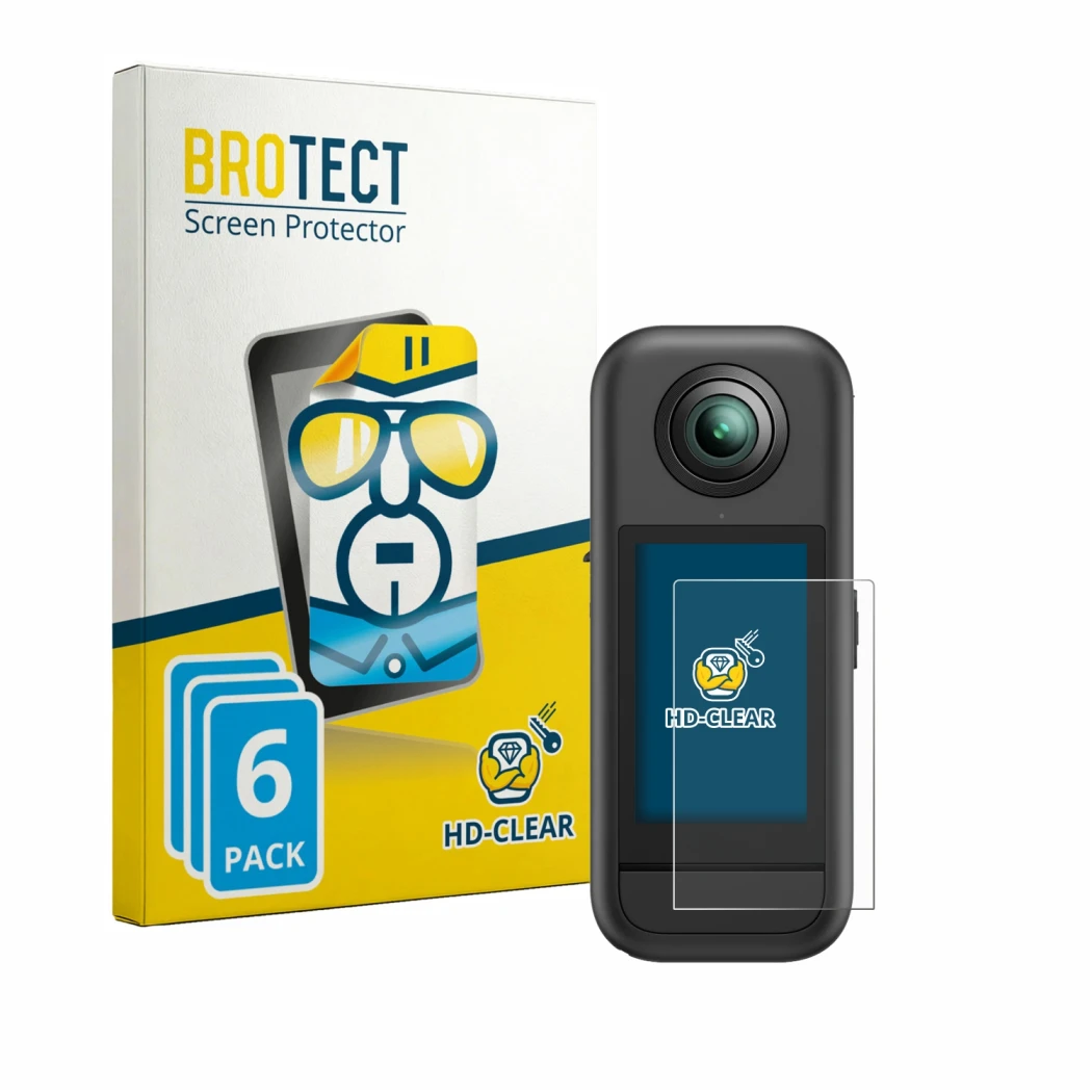 Parte frontal de un envase de producto con el logotipo de la marca BROTECT. Al lado se muestra el dispositivo Akaso 360 con su