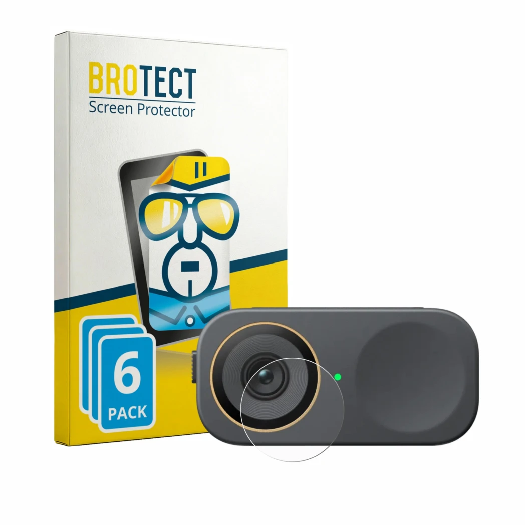 Parte frontal de un envase de producto con el logotipo de la marca BROTECT. Al lado se muestra el dispositivo Insta360 Link 2C